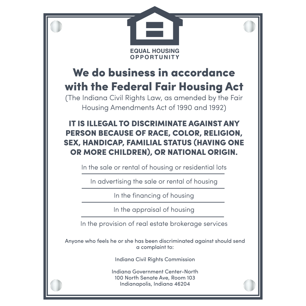 Indiana - Federal Fair Housing Acrylic Sign - English